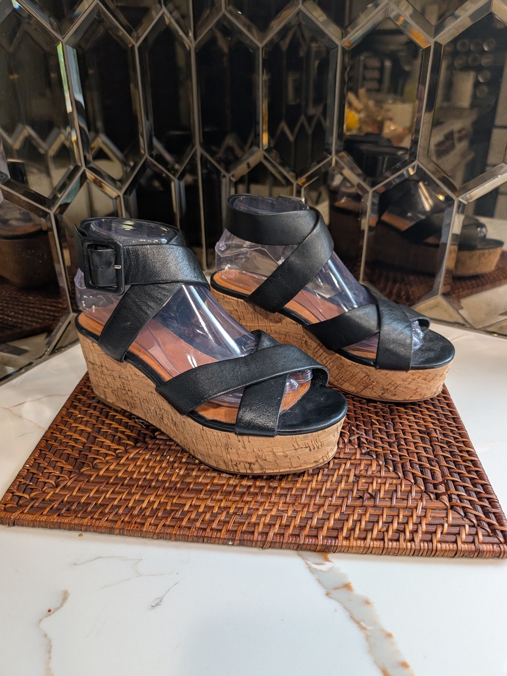 Halogen Black Cork Wedge Sandals with Ankle Strap - Women